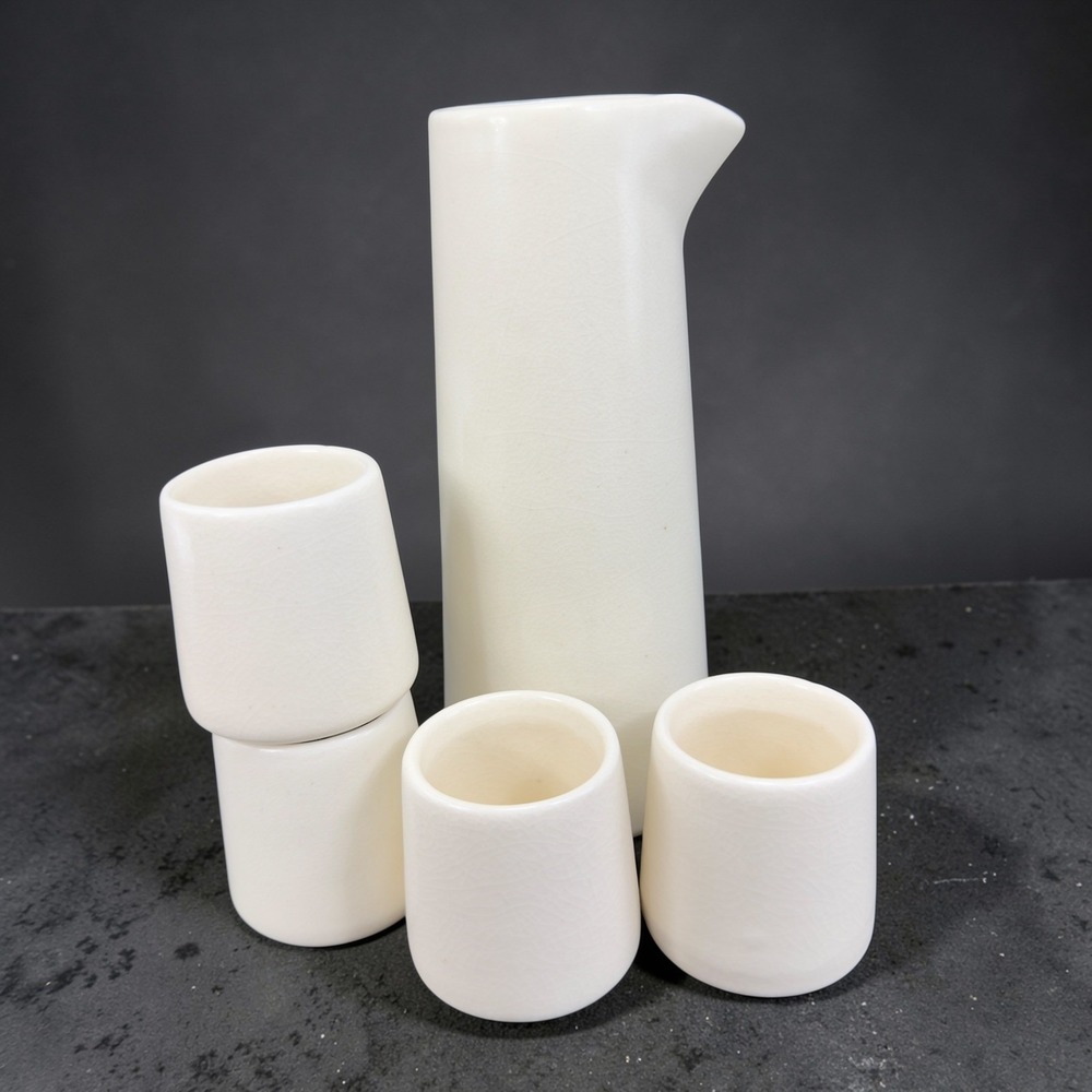 HomArt Ceramic Sake Set Cream White Crackle Glaze Carafe 4 Cups Made‎ in Vietnam